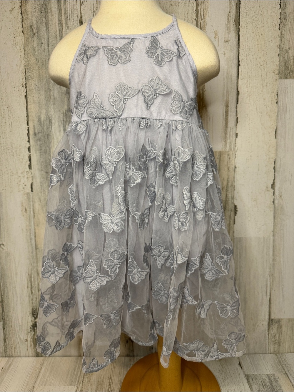 Noralee Butterflies Pippa Periwinkle Light Gray Embroidered Sheer Lined Dress 6